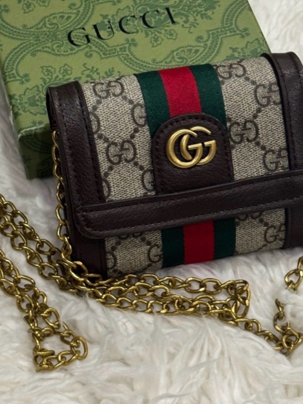 GG* Beige GG Canvas Mini Chain Bag with Brown Trim and Green-Red Web